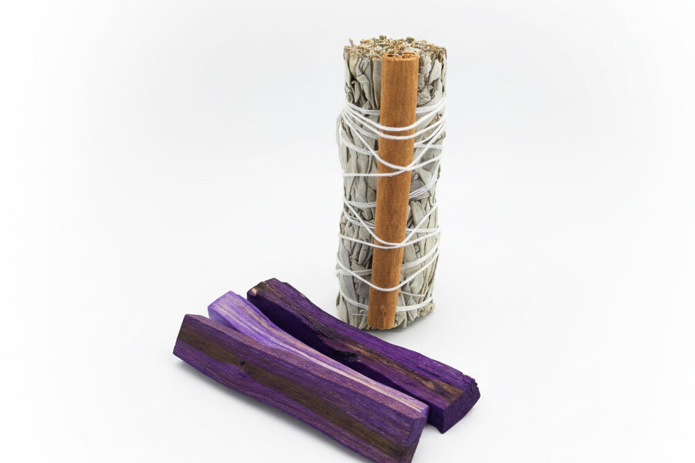 Bundled sage stick with cinnamon purple Palos Santos