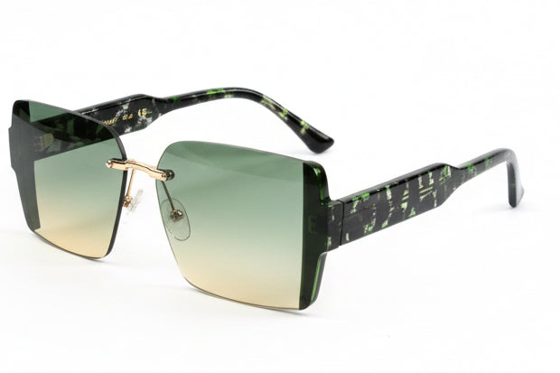 Sunglasses with green gradient lenses and black frame on a white background