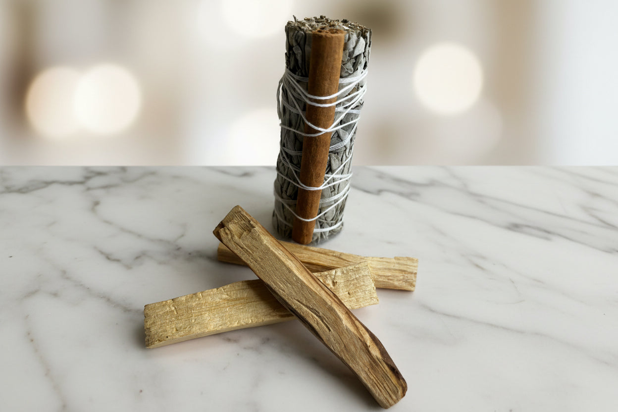 Bundled sage stick and wooden sticks wrapped with cinnamon on a marble surface with a blurred background